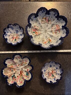 Antique Japanese Kutani Porcelain Geisha Girl Berry Bowls Set - Scalloped 4pc